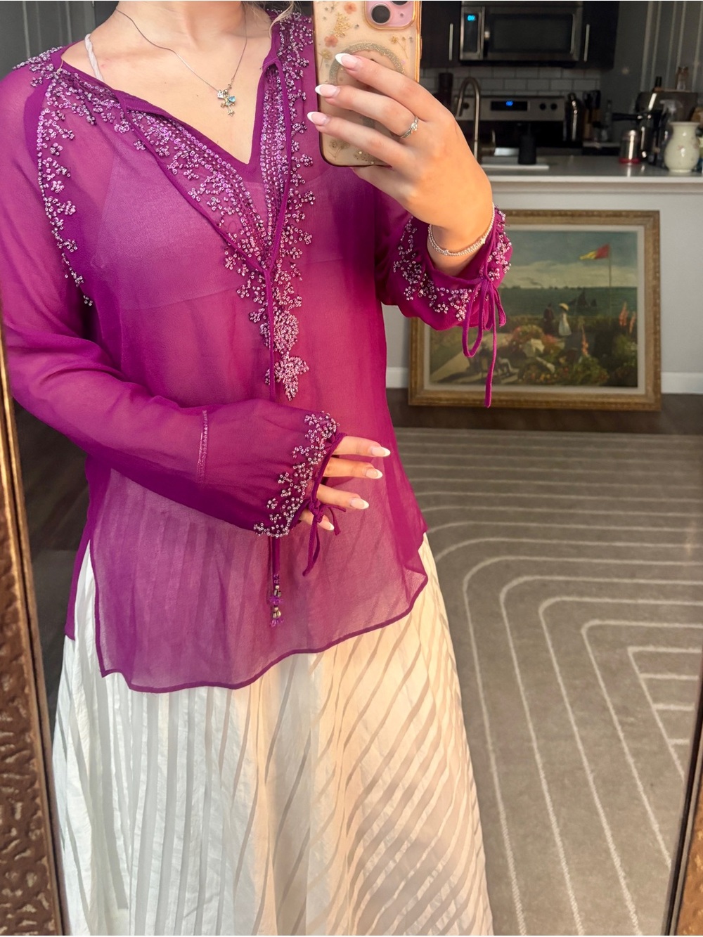 Embellished Purple Sheer V-Neck Tunic Top